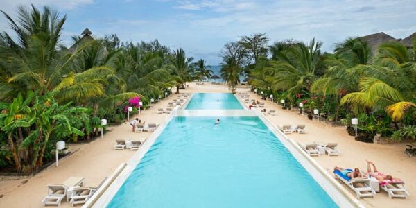 Grande piscine ornée de palmier avec vue sur l'ocean indien