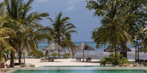 piscine surplombant la plage privée et les palmiers du Fun Beach Hotel Zanzibar
