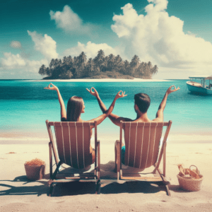 Un homme et une femme assis dans un transat sur la plage ont choisi le voyage sur mesure pour leurs vacances.