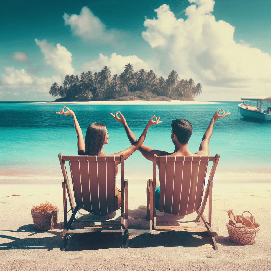 Un homme et une femme assis dans un transat sur la plage ont choisi le voyage sur mesure pour leurs vacances.